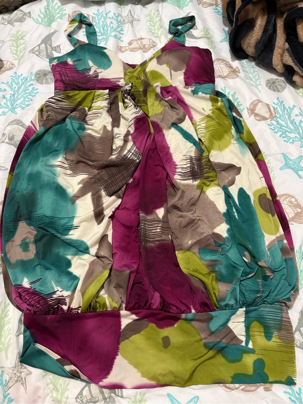 Sleeveless Watercolor Print Tank Top - Teal, Magenta & Olive